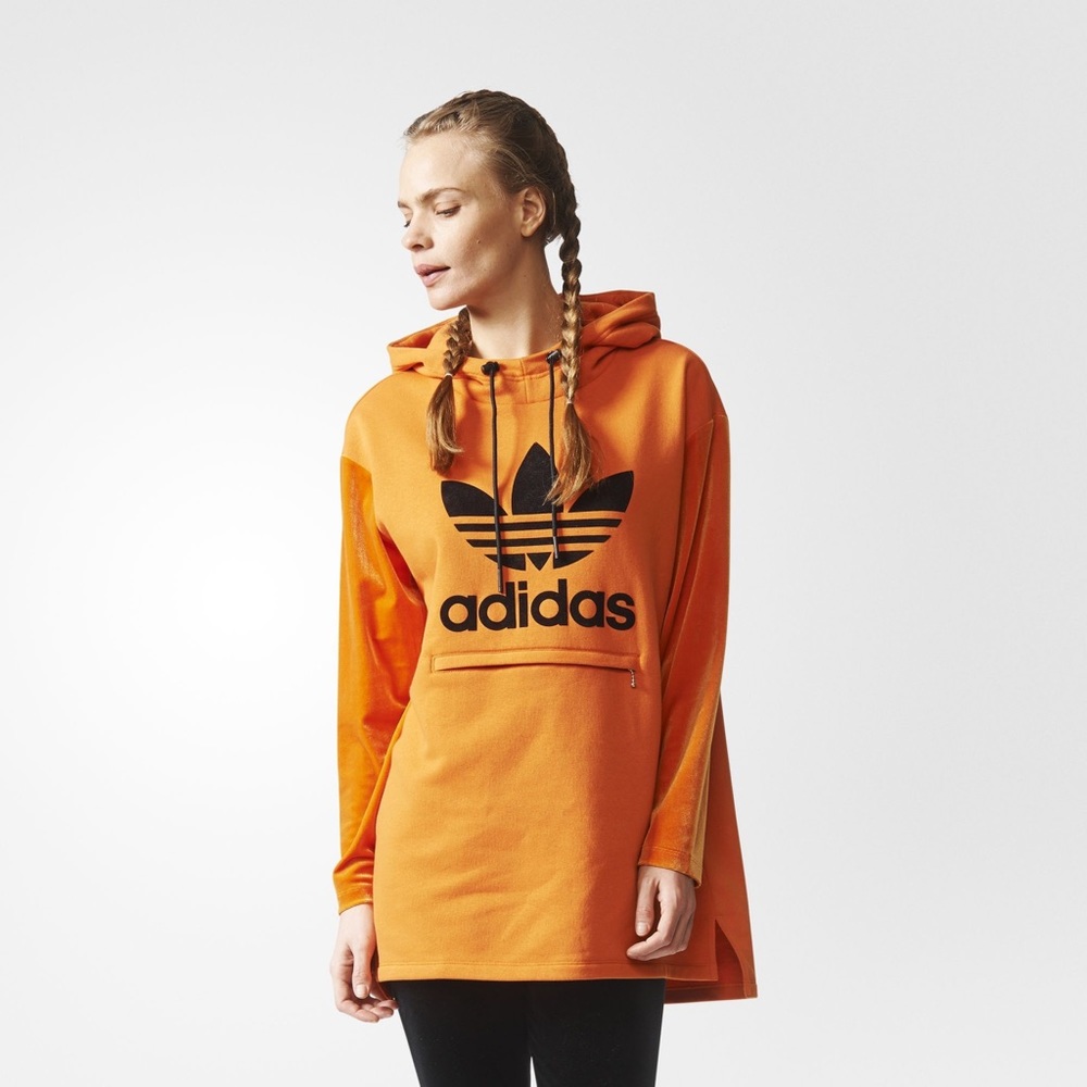 Adidas orange hoodie with velvet sleeves